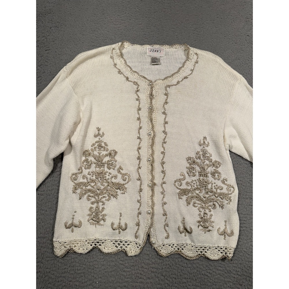 Vintage Jenny Cardigan Sweater Gold Thread Pearl‎ Buttons Grandma Knit Large L